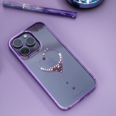   Луксозен твърд гръб оригинален KINGXBAR кристално прозрачен с камъни за Apple iPhone 14 Pro Max 6.7 сърце с лилав кант  